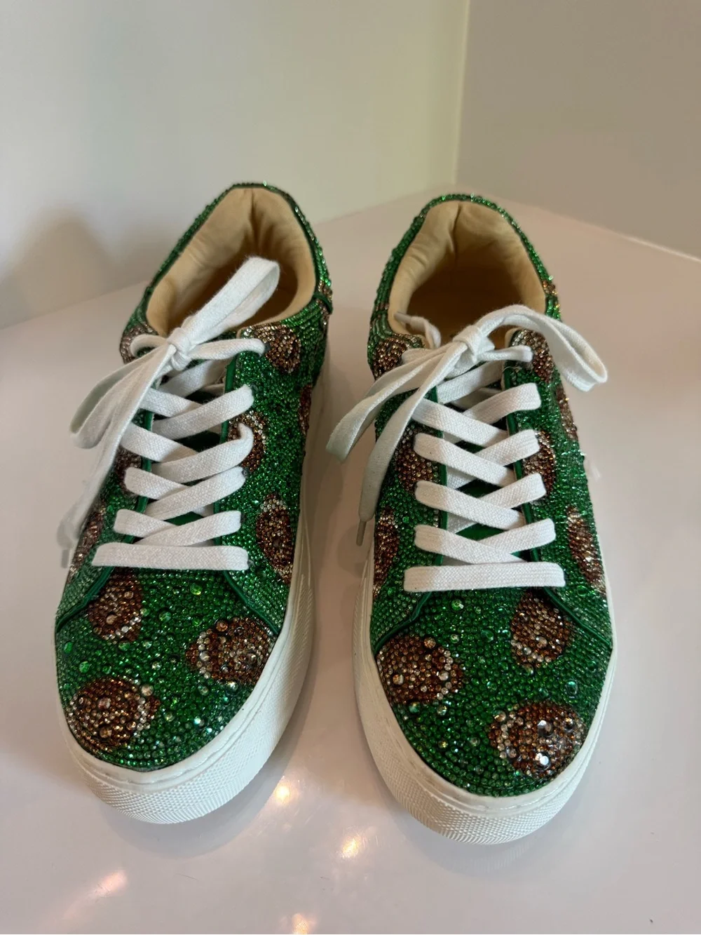 Betsey Johnson Green Crystal Football-Print Platform Sneakers